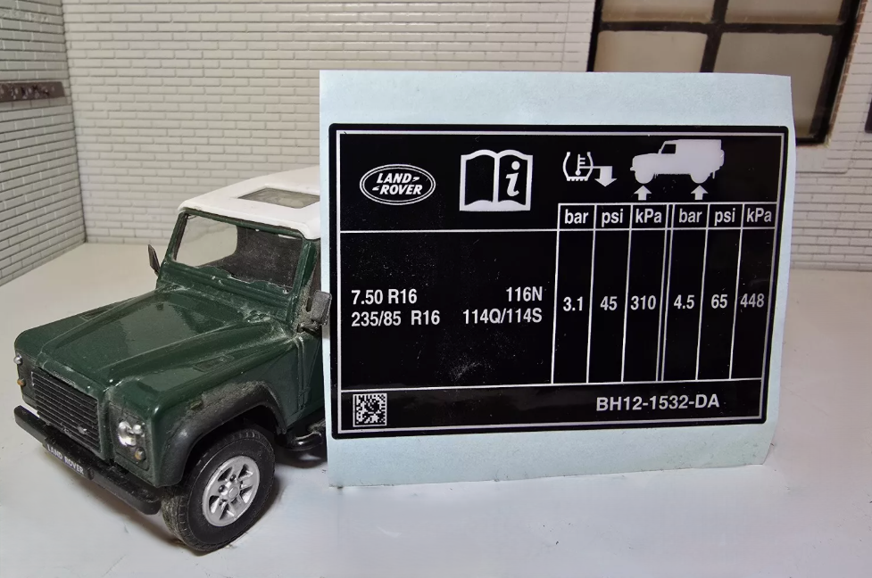 Black Tyre pressure decal on blue backing paper, leant up against a model of a green defender used for illustrative purposes.