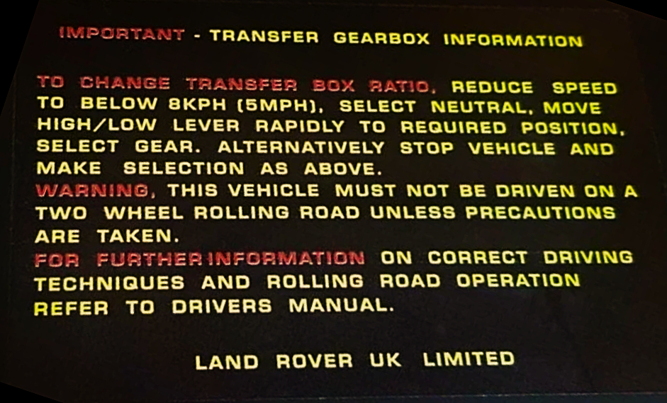 Land Rover Discovery 1 Transfer Gearbox Information Decal