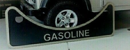 Fuel filler badge for Land Rover Series and Defender, etched with 'Gasoline' on nickel silver.