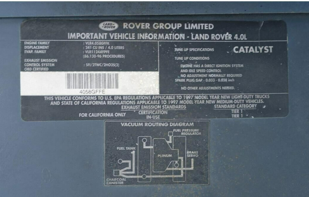 Land Rover Defender NAS /Japan V8 4.0 Emissions Vacuum Routing Decal (Variants Available)