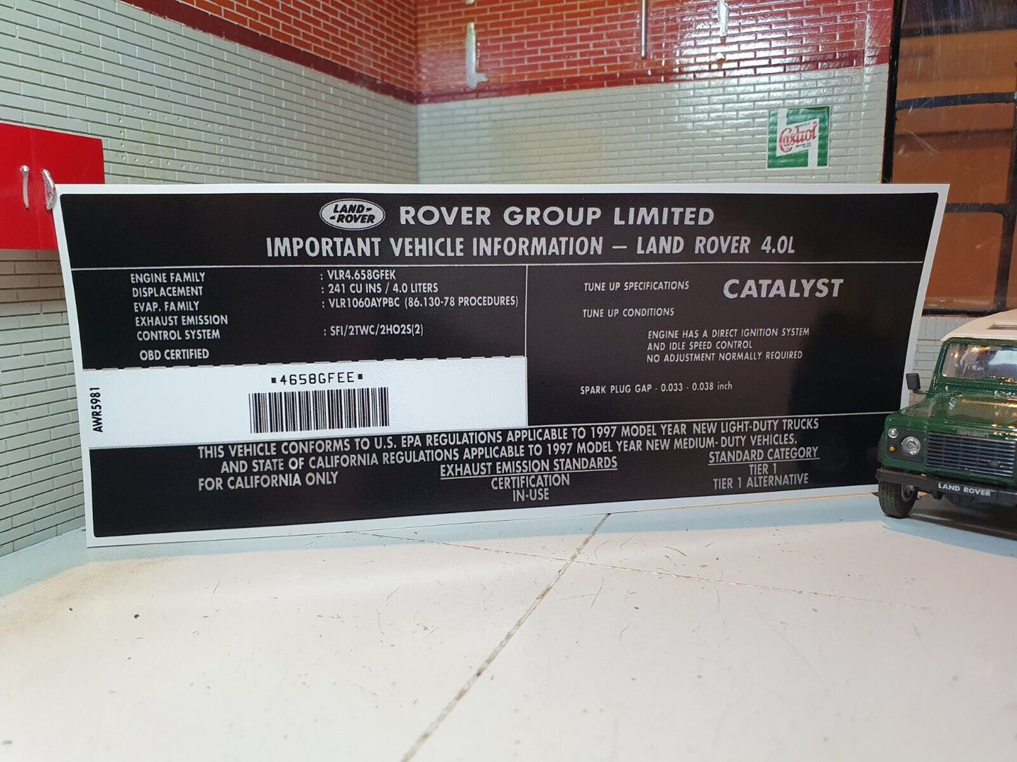 Land Rover Discovery Defender 90 NAS V8 4.0 1997- Engine Model ID Decal AWR5981