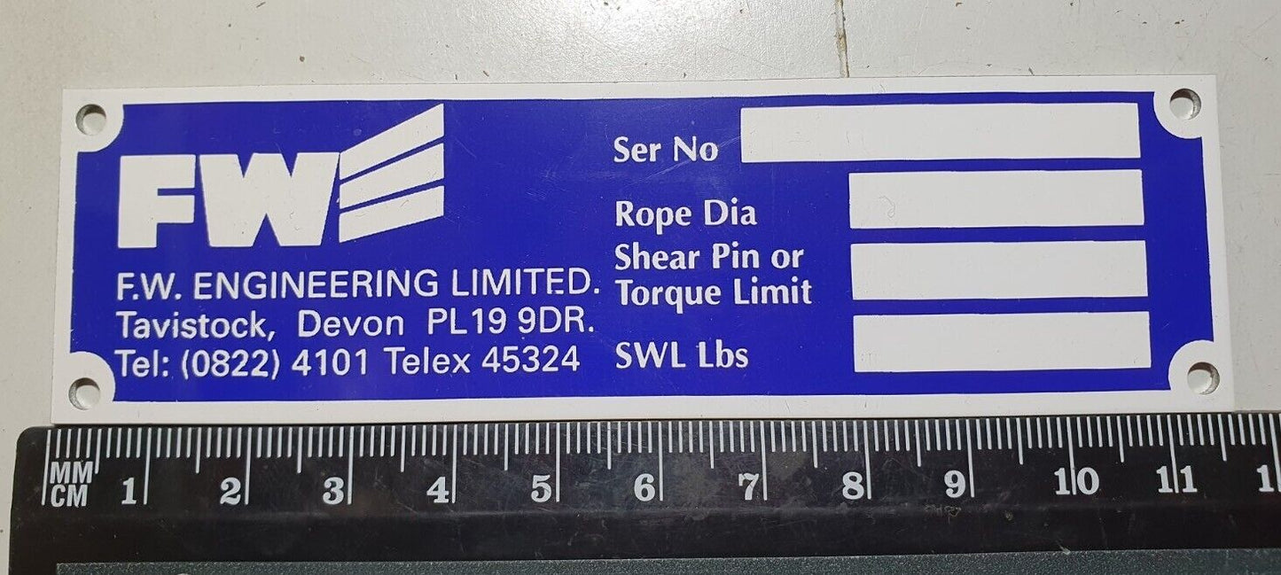 Fairey Front Drum Capstan Winch Rope Data Chassis Plate