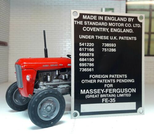 Massey Ferguson Standard FE35 35 Tractor Commission Plate 8 Patent Numbers 1958