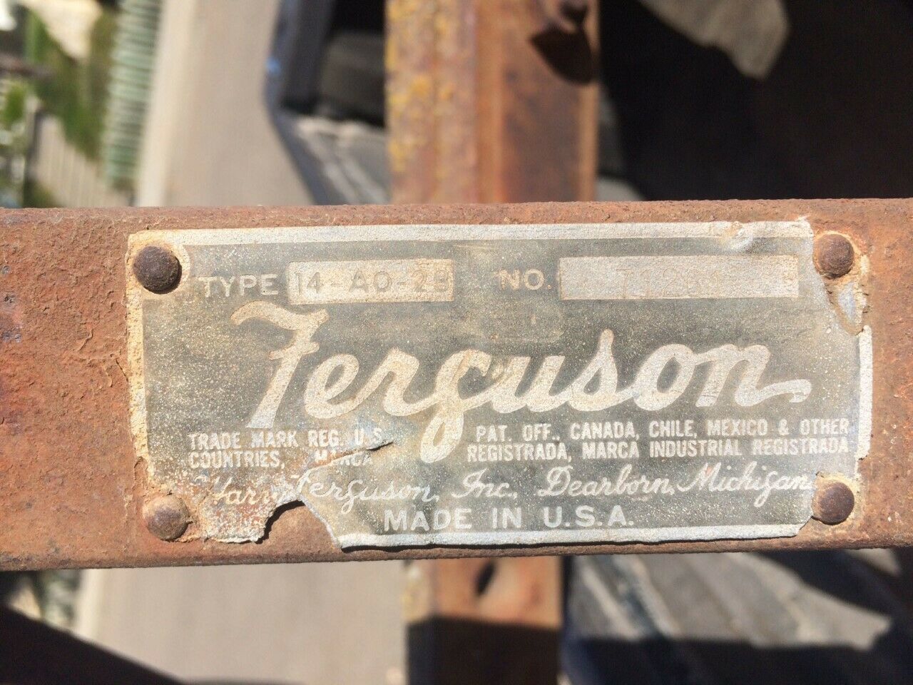 Ferguson Implement 1948-53 USA Plough ID Identification Metal Chassis Plate