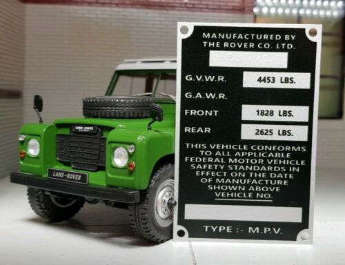 Land Rover Series Bulkhead Body NADA USA Export Compliance Plate 88 Petrol