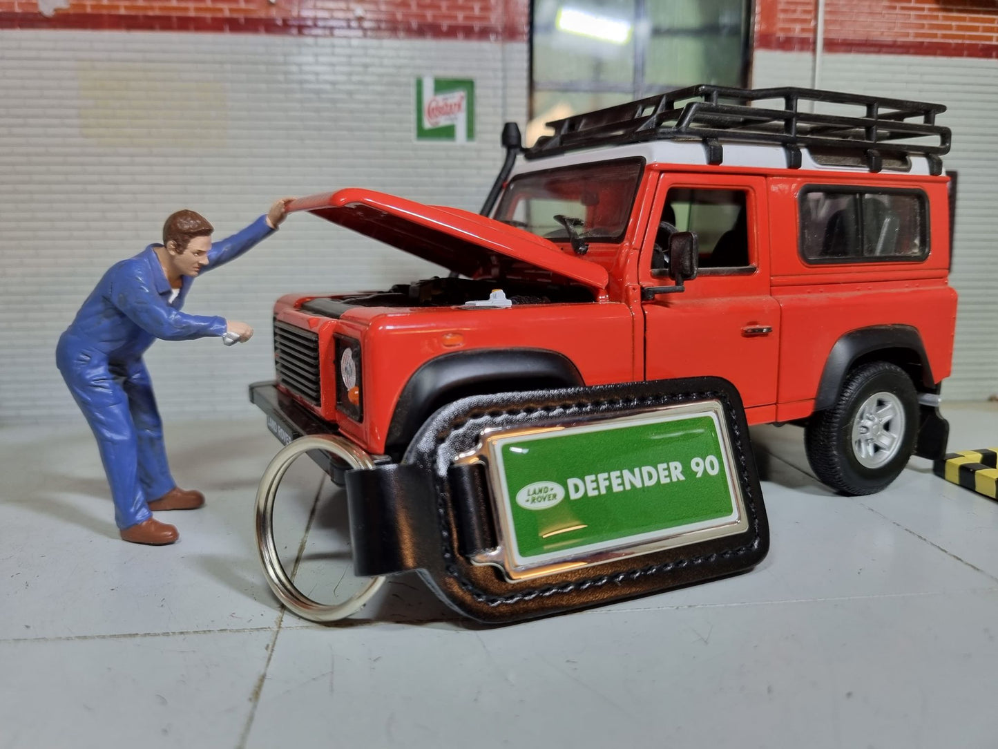 Porte-clés en cuir vert/blanc émaillé de qualité Land Rover Defender 90