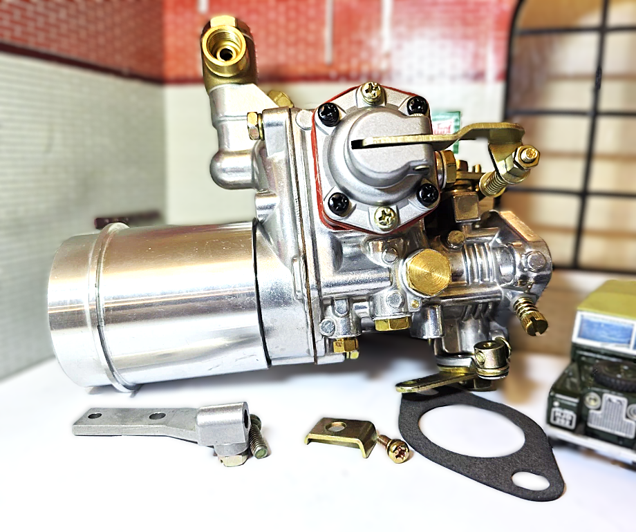Carburetor with various parts on a white surface