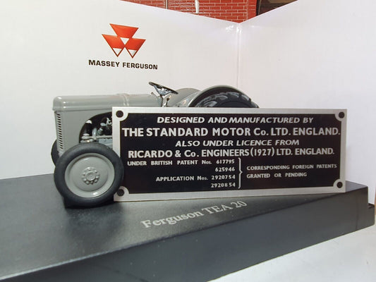 Standard Ferguson TE20 D TEF20 Tractor Diesel ID Patent Plate Ricardo & Co