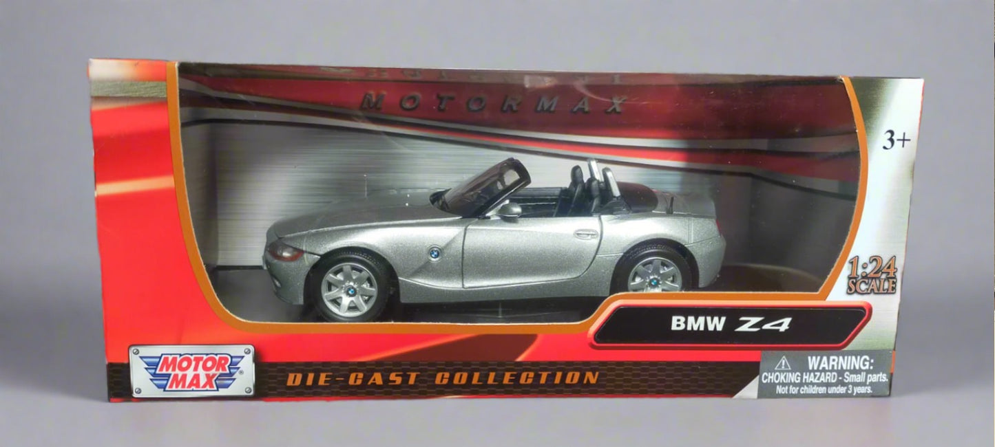 BMW 2003 Z4 Convertible E85 Cabrio model car in silver color, packaged in a red and clear plastic box with branding and product information.