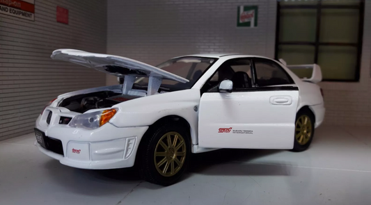 Model of a white Subaru Impreza STi, the bonnet and the side door are open.