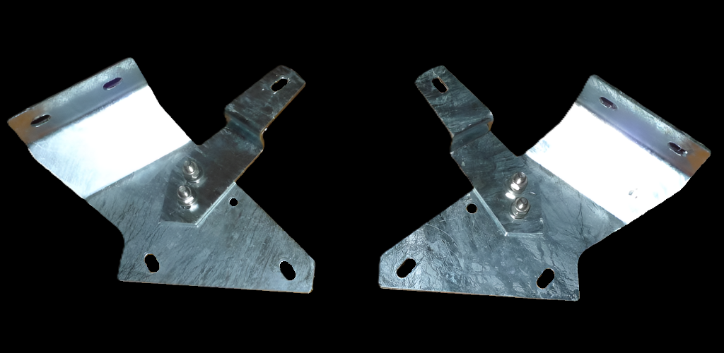 Bits4landys Defender Bulkhead / Inner Wing Bracket set of four galvanised brackets assembled on a black background.