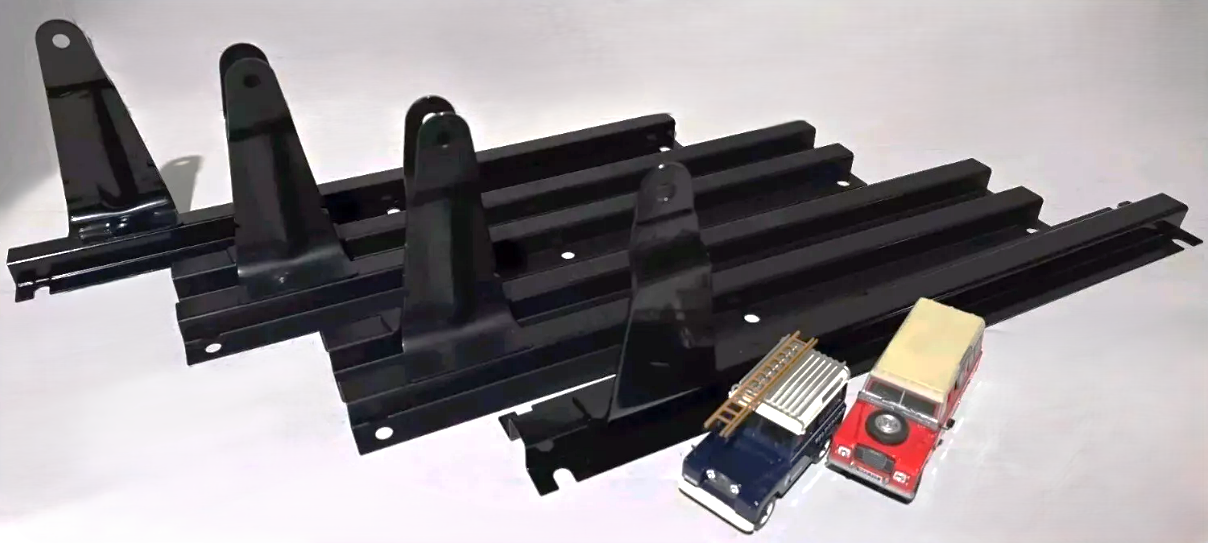 A Full set of Land Rover Series Seat Mounting Brackets in Black. In the foreground are two models of a red and a blue Series vehicle for illustrative purposes.