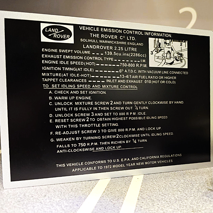 Land Rover Series 3 NADA USA Bulkhead Emission Chassis Information Plate/Plaque