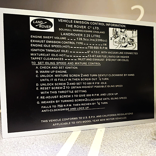 Land Rover Series 3 NADA USA Bulkhead Emission Chassis Information Plate/Plaque