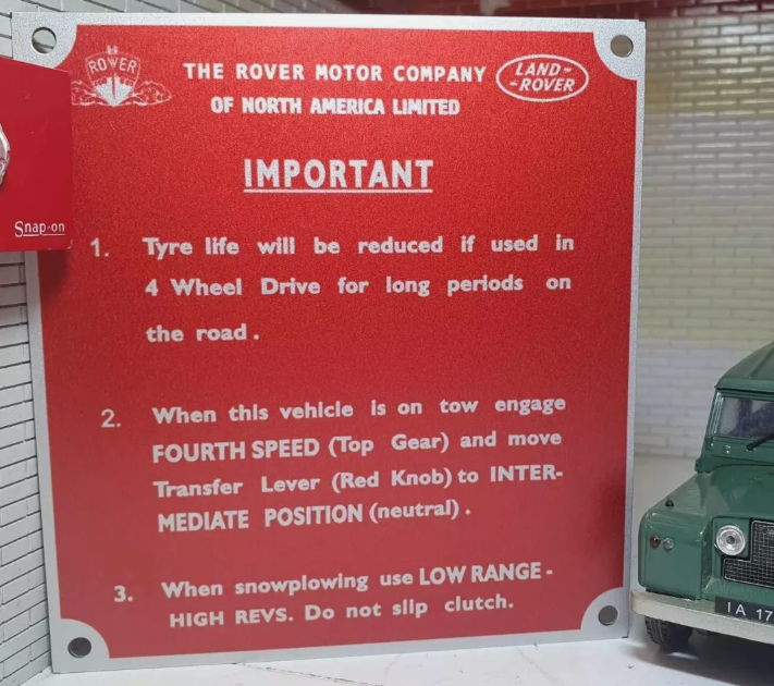 Land Rover Series NADA USA Bulkhead Chassis Snow Plough Information Plate/Plaque