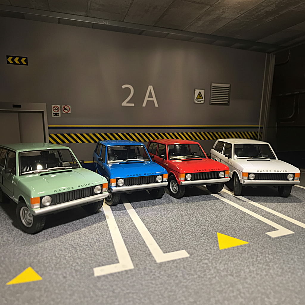 Four Diecast Range Rover Classic model cars are displayed in a scale model garage.