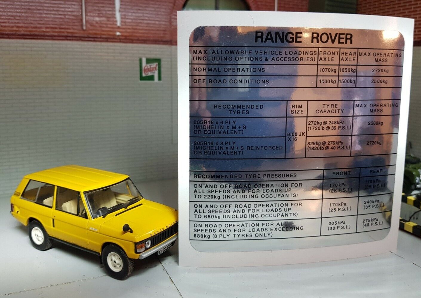 Range Rover 3.5 V8 Suffix A Onwards Max Tyre Vehicle Loading Decal Sti ...