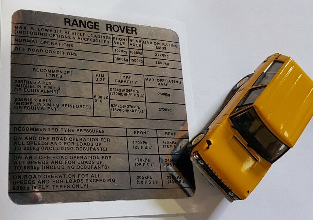 Range Rover 3.5 V8 Suffixe A À partir de Max Tire Autocollant de chargement de véhicule