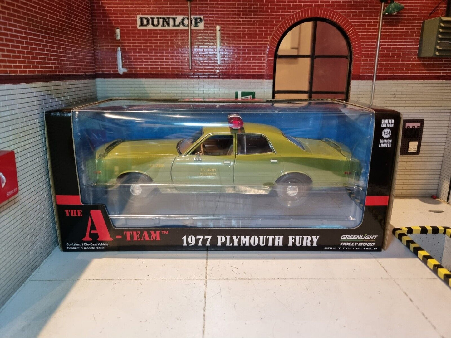Boxed 1:24 Scale Green Plymouth Fury, with "The A Team" Logo displayed on the box