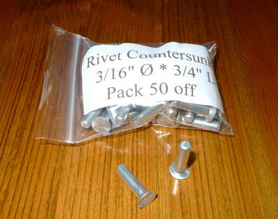 3/16” Diameter Solid Countersunk Aluminium Rivet - Pack of 50 (choice of length)