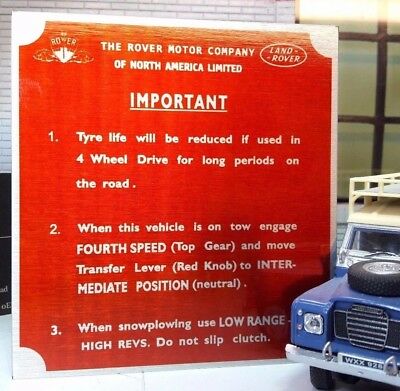 Plaque d'information/plaque d'information pour chasse-neige pour châssis de cloison Land Rover Series NADA USA