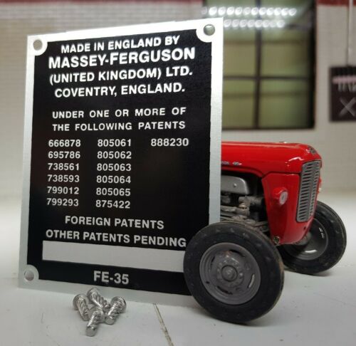 Massey Ferguson FE35 35 FE-35 Tractor Commission Plate 13 Numéros de brevet 1958-64