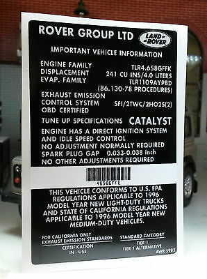 Label The Rover Land Rover Range Rover P38 V8 4.0 Gas Catalyst Information Label Decal ...