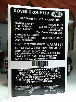 Land Rover Range Rover P38  V8 4.0 Gas Catalyst Information Label Decal NAS