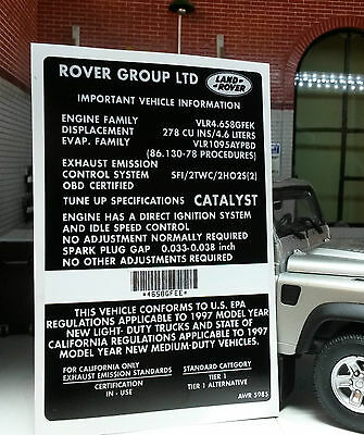 Land Rover Range Rover P38 V8 4.6 Gas Catalyst Information Label Decal AWR5985