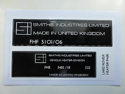 Land Rover Smiths Heater FHF 5101/06 FHB 3402/18 Ensemble de décalcomanies d'étiquettes Boîtier matriciel