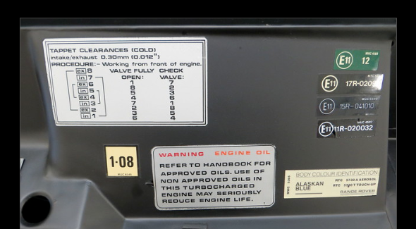 Range Rover Classic VM Turbo Diesel Engine Bay Tappet Clearances Decal ...