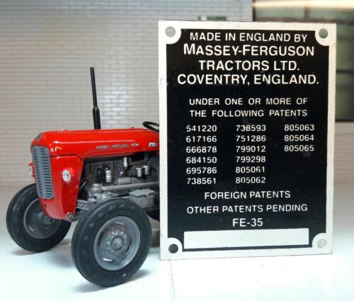 Massey Ferguson FE35 35 FE-35 Traktor-Kommissionsschild 15 Patentnummern 1958
