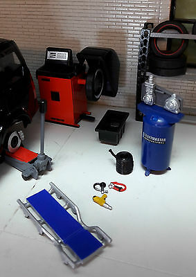 Scale Model Tyre Fitting Repair Garage Compressor Balancer Tool Diorama Set 1:24