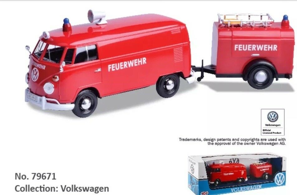 Volkswagen VW T1 Type 2 1962 Fire Van Feuerwehr & Trailer Motormax 1:24