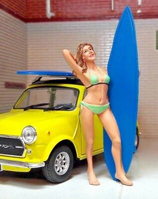 Surfing Surfer Female Girl & Surf Board VW Bay Diorama 1:24